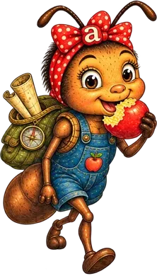 Adventurous Alana Ant, an ant in a red polka-dot bow and overalls, holding an apple