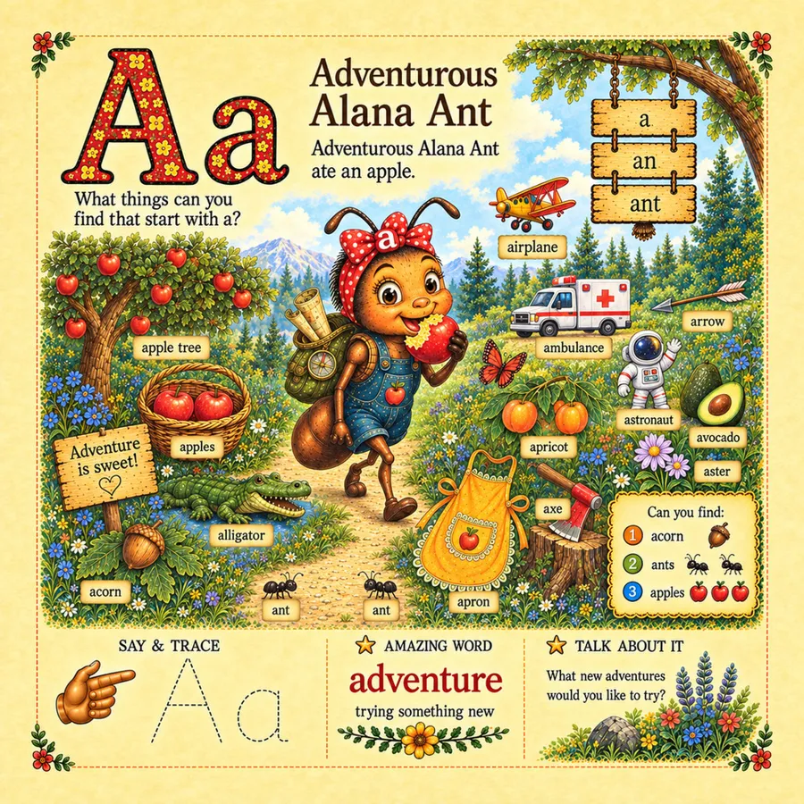 The A page: Alana Ant under an apple tree, with labeled pictures of things that start with A