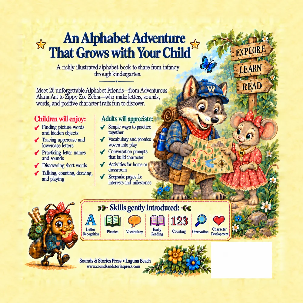 Back cover: An Alphabet Adventure That Grows with Your Child, with Walter Wolf and Merry Momo Mouse reading a map